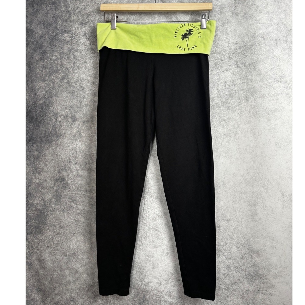 Victoria's Secret PINK Yoga Foldover Highlighter Yellow Green Leggings Med Y2K